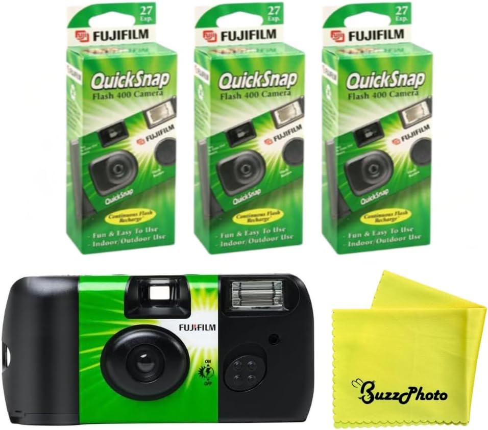 Fujifilm QuickSnap Flash 400 Disposable Camera w/BuzzPhoto Microfiber Cleaning Cloth (3 Pack)