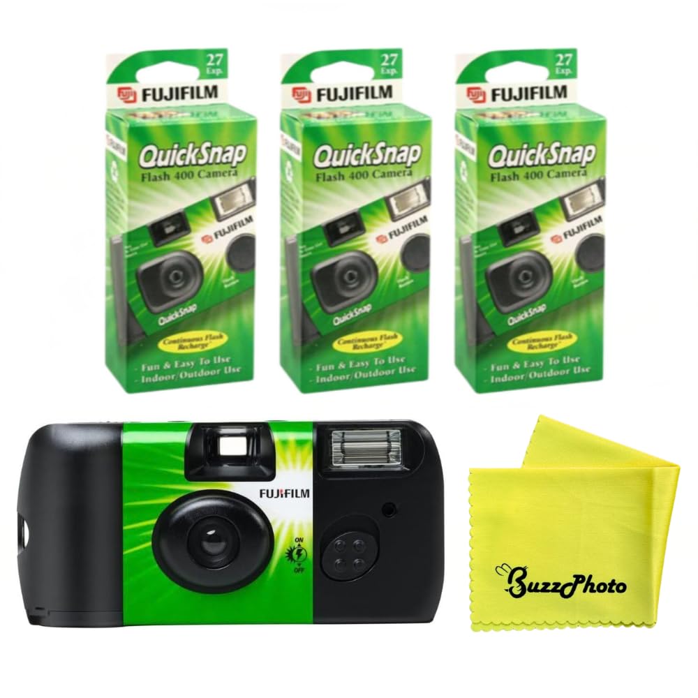Fujifilm QuickSnap Flash 400 One Time Use 35mm Disposable Camera with Flash w/BuzzPhoto Microfiber Cleaning Cloth (3-Pack)