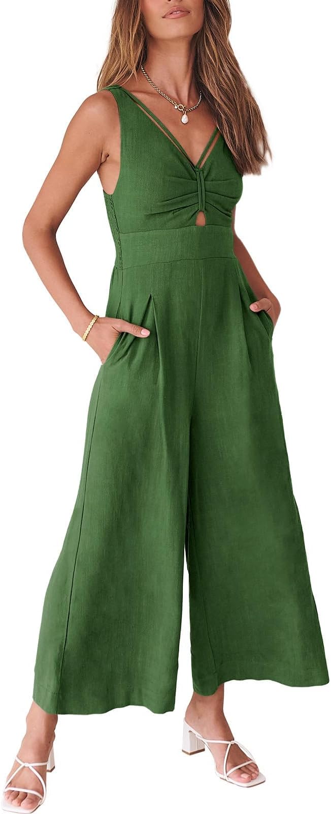 Womens Summer Linen Wide Leg Sleeveless Jumpsuits