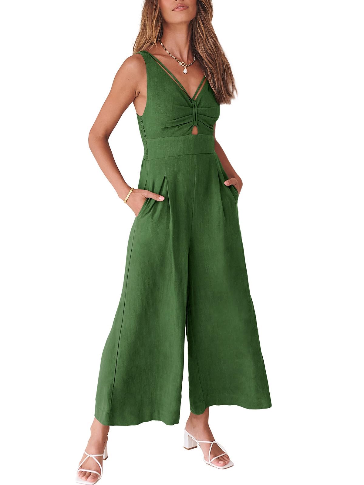 ANRABESSWomen's Jumpsuits Summer Wide Leg Sleeveless V Neck Casual Dressy Linen Pants Rompers 2025 Vacation Beach Outfits