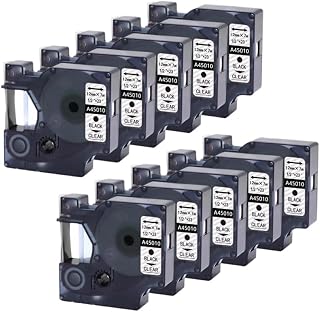 PHOVYAFI Cinta de Etiqueta Negra en Blanco de 12 mm Compatible con D1 45013 45016 45017 45018 45019 45020 para LabelManager 160 280(10PK-Black-on-Clear)