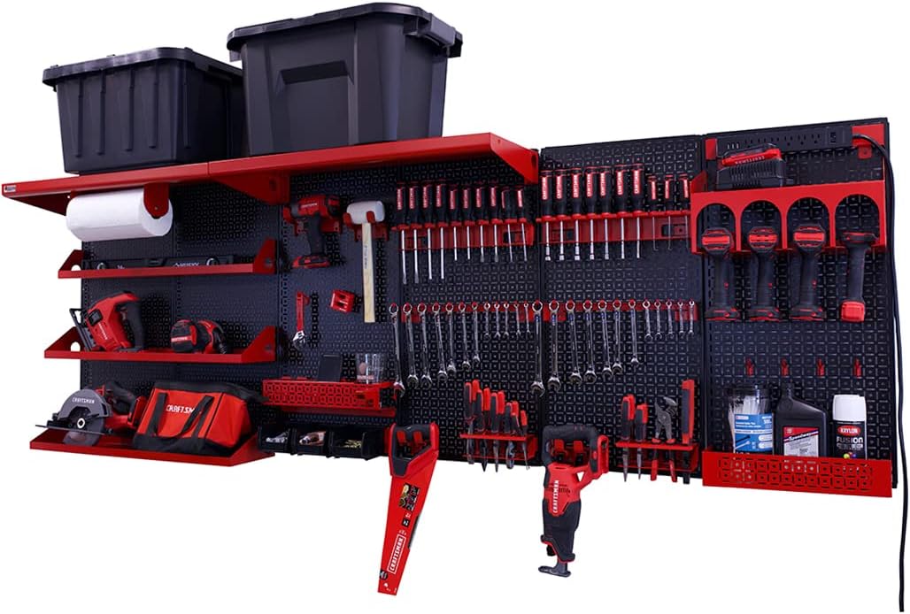 OmniWall Weekend Warrior Ultimate Tool Kit-96" x 32" Metal Pegboard Wall Storage System Black/Red