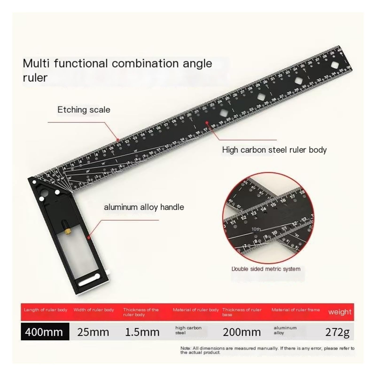 Righello di misurazione multiangolo, squadra da carpentiere, squadra da intelaiatura combinata da 45/90 gradi, righello di marcatura professionale(40cm/15.7in)