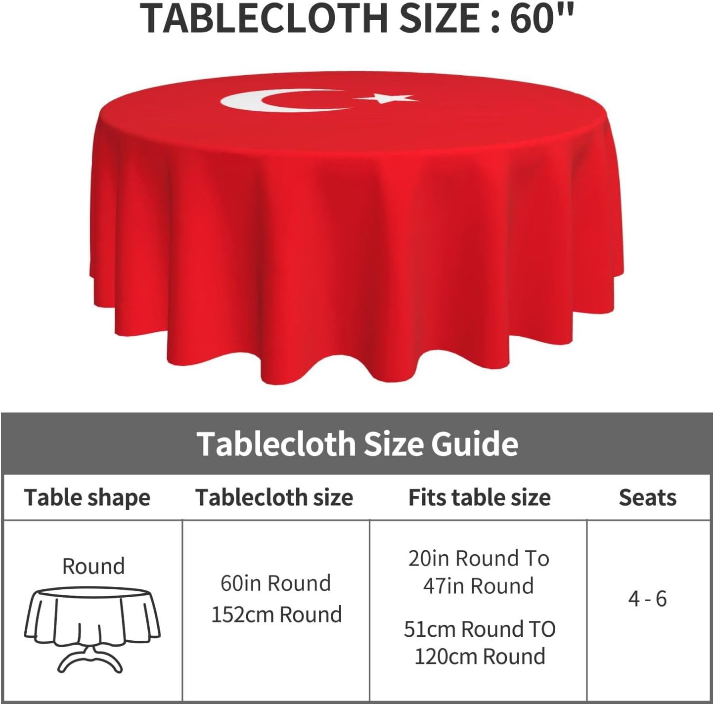 Flag of Turkey Print Wrinkle Free Dining Table Cover for Birthday Party Farmhouse Tablecloths Up to 60 x 60 Inches