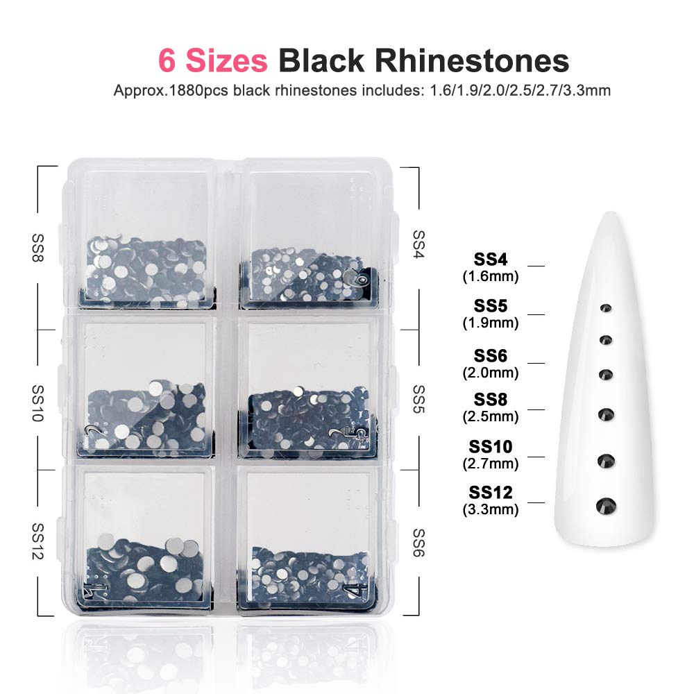 Black Nail Art Rhinestones, Glass Flat Back Rhinestones, Crystals Nail Gems for Nail Design, Rhinestones for Crafts, Face, 3D Nail Jewels Rhinestones Set with Rhinestone Picker Dotting Pen (1880Pcs) : Beauty & Personal Care