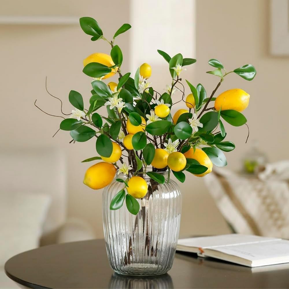 NatureMan Artificial Lemons Branches Decor,8 Head Faux Lemons Fruit with Green Leaf and Branch,Realistic Fake Lemon Decoration for Farmhouse Style Home Table Centerpiece and Home Decoration