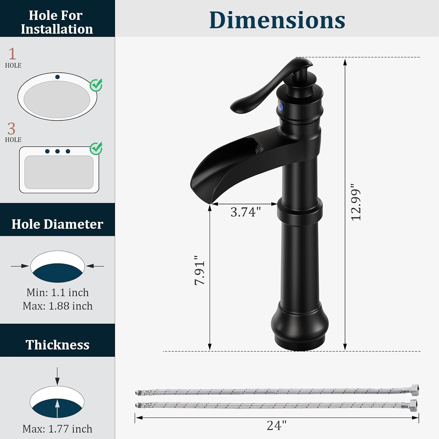Vessel Sink Faucet, Matte Black Bathroom Waterfall Sink Faucet Tall Bathroom Single Handle 1 Hole Farmhouse with Pop Up Without Overflow Drain Lavatory