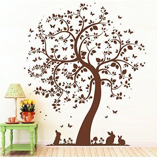 Wandtattoo-Loft Árbol con Bonitos Conejos  - Wandtattoo / 49 Colores/4 Tamaños - luz Rojo-Naranja, 100 x 117 cm