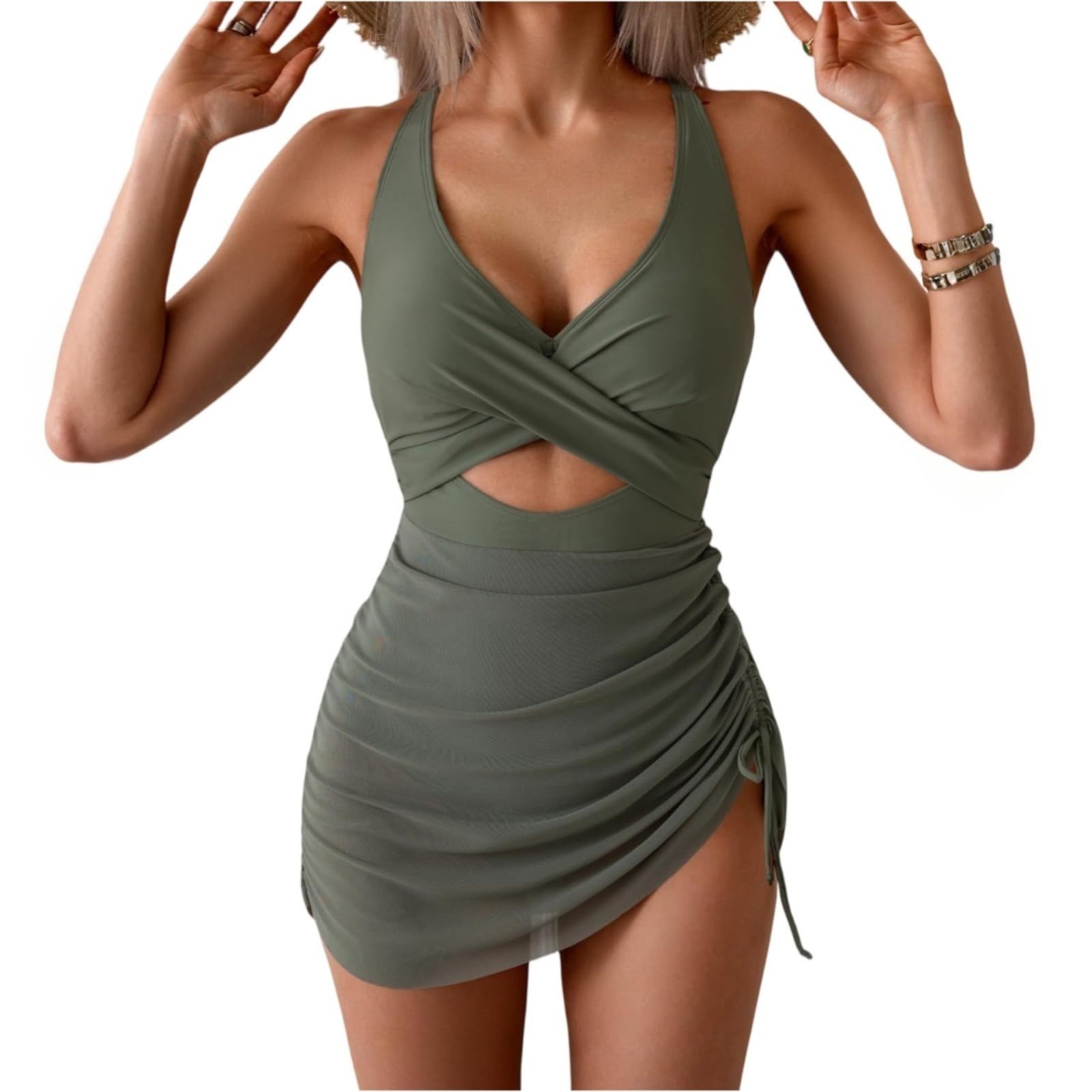 Monokini verde verano con espalda descubierta y escote cruzado regulable de moda