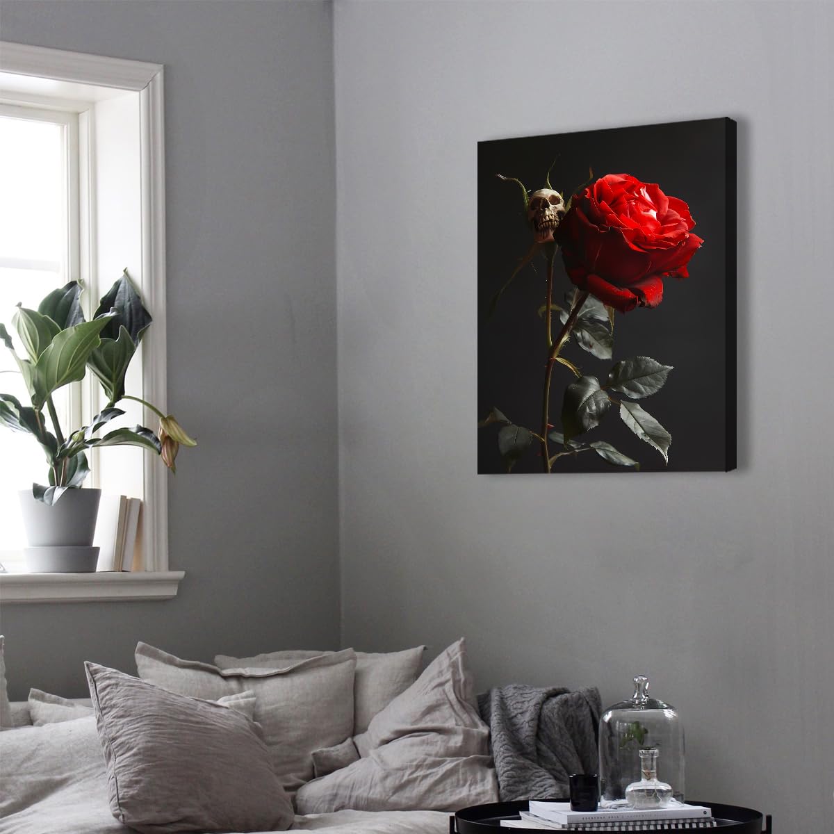 CHERHERART Affiches gothiques sombres Peinture murale en toile de crâne de rose rouge pour étude de chambre Tirages sur toile florale et squelettique Décoration d’Halloween 85x110cm sans cadre