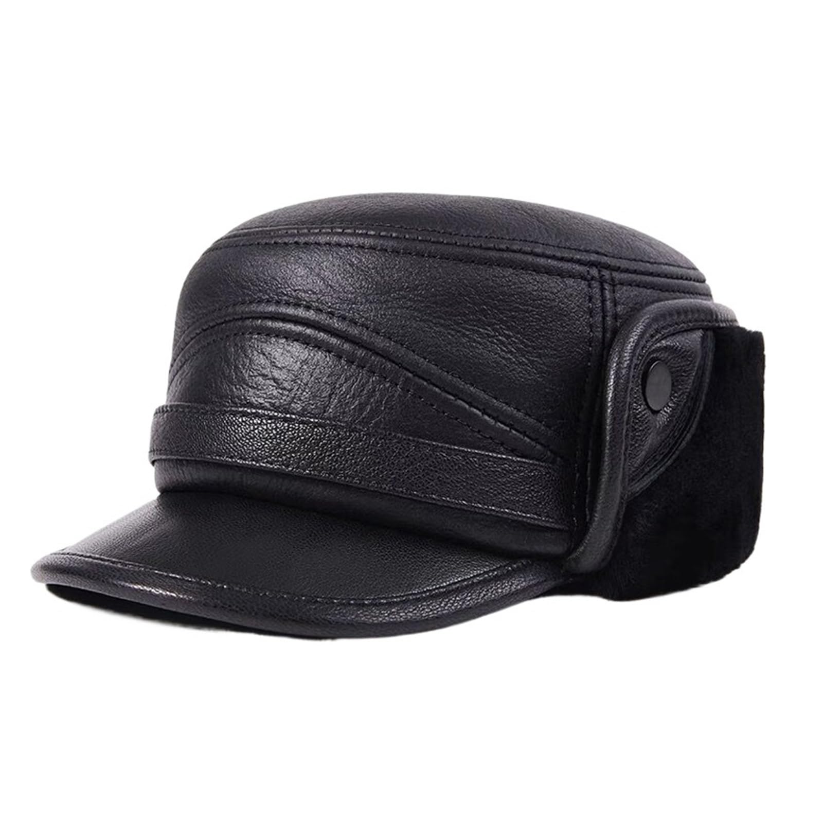 Sombrero de Hombre Espesar Gorras de béisbol de Piel de Cuero Real con Orejas cálido Sombreros de papá Bombardero