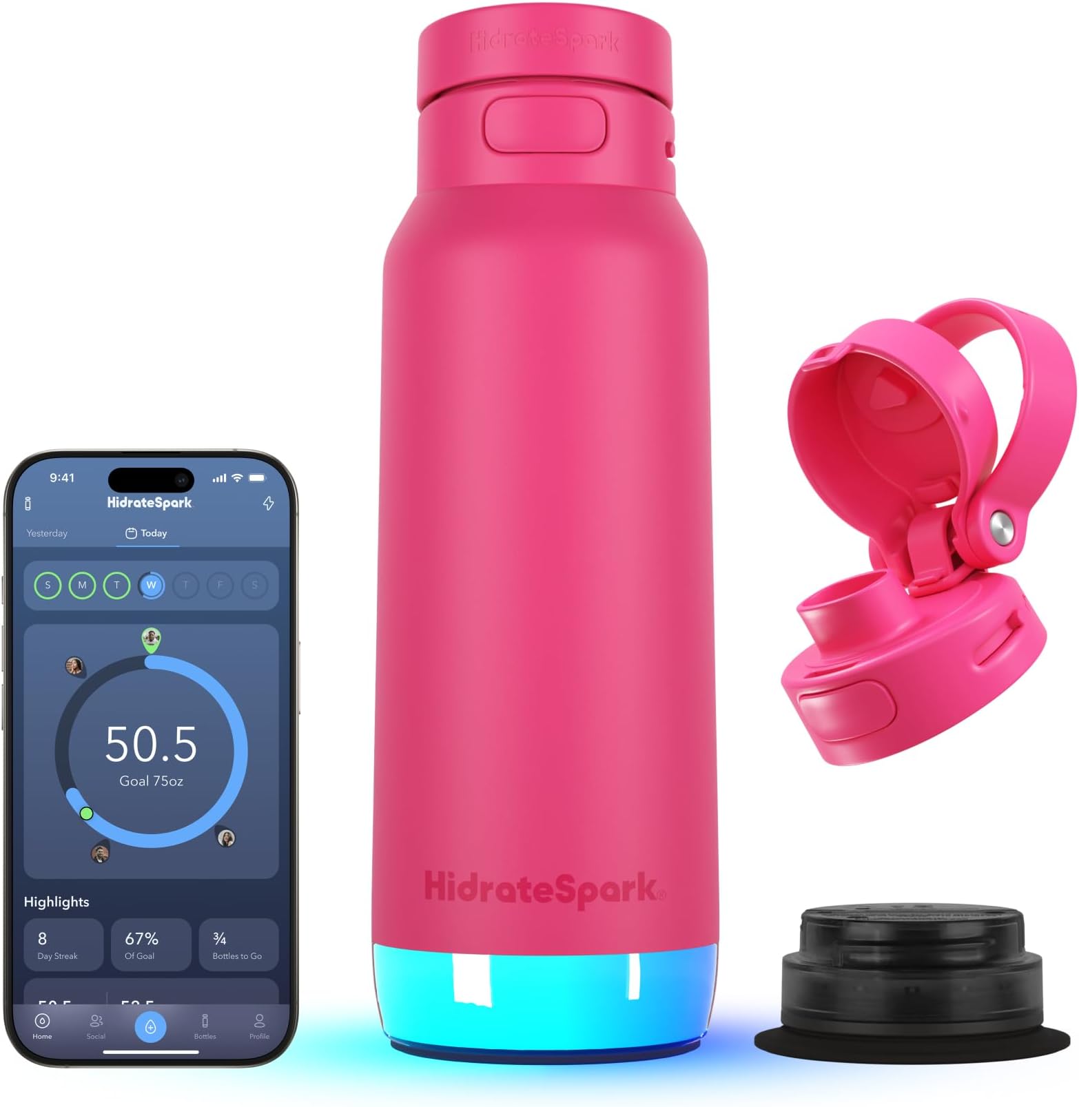 Hidrate Spark PRO 2 – Smart Hydration Bottle with Drink Reminders & Water Tracking, 946ml Stainless Steel – Syncs with Apple Health, Fitbit, Smart Rings & Smart Watches - Bundle Lid - Flamingo