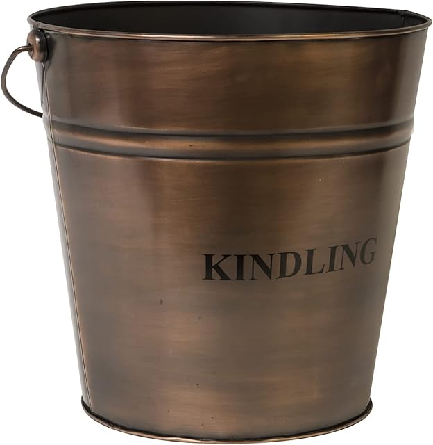 Ivyline Kindling Storage Bucket in Copper with Top Handle and Typography - Durable Iron Pail - Traditional Fireside Accessory - 30 cm