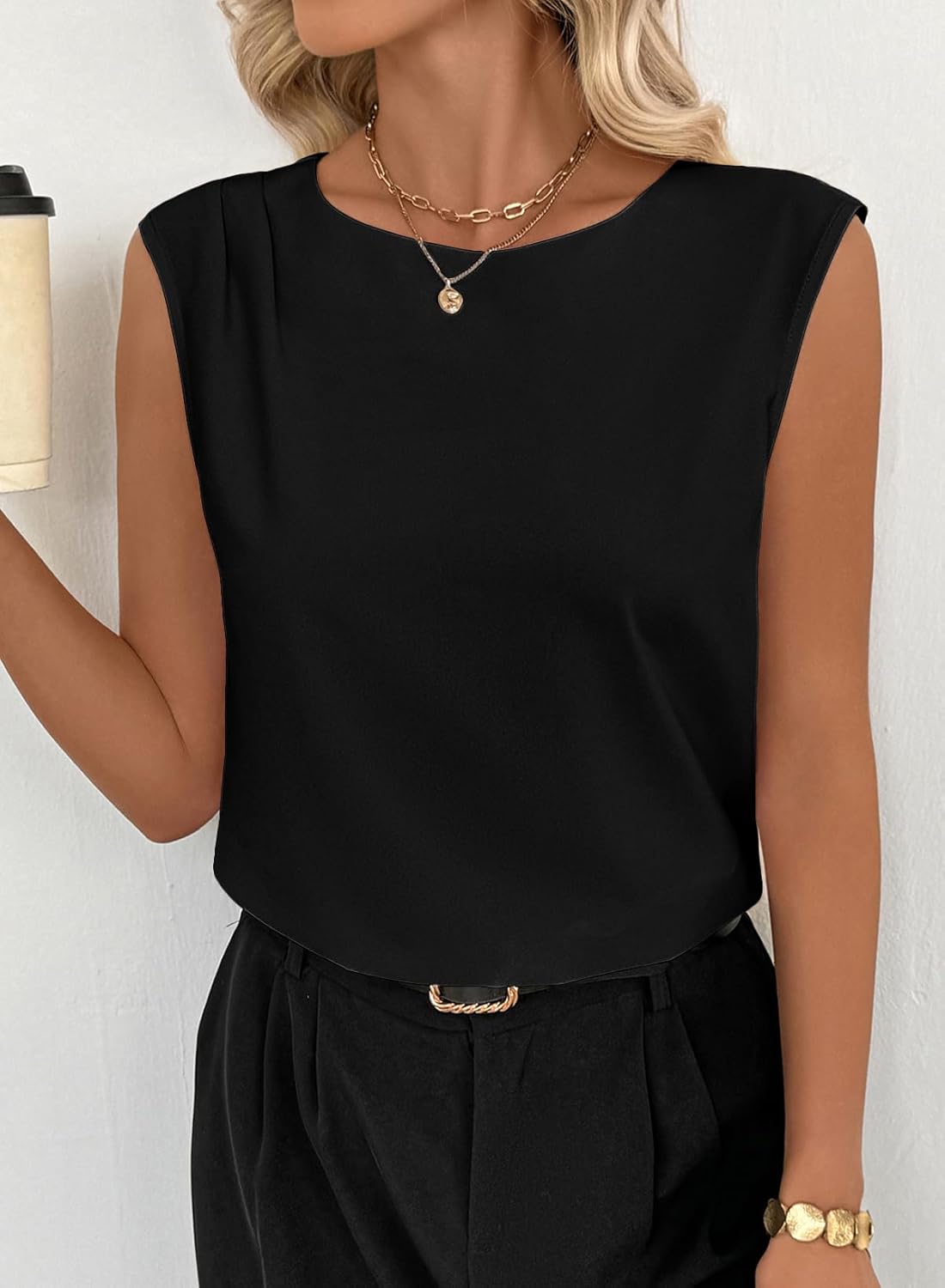 EVALESS Womens Tank Tops Sleeveless Crew Neck Pleated Shoulder Blouses Vest Shirts - Image 7
