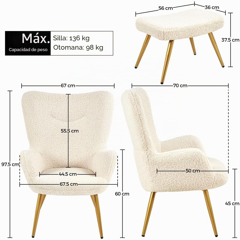 Yaheetech Sillón Orejero con Reposapiés Butaca de Salón Tapizada en Bouclé Sillón Lectura con Otomana de Respaldo Alto Ergonómico Soporte 136kg Ideal para Salón Dormitorio Oficina Marfil