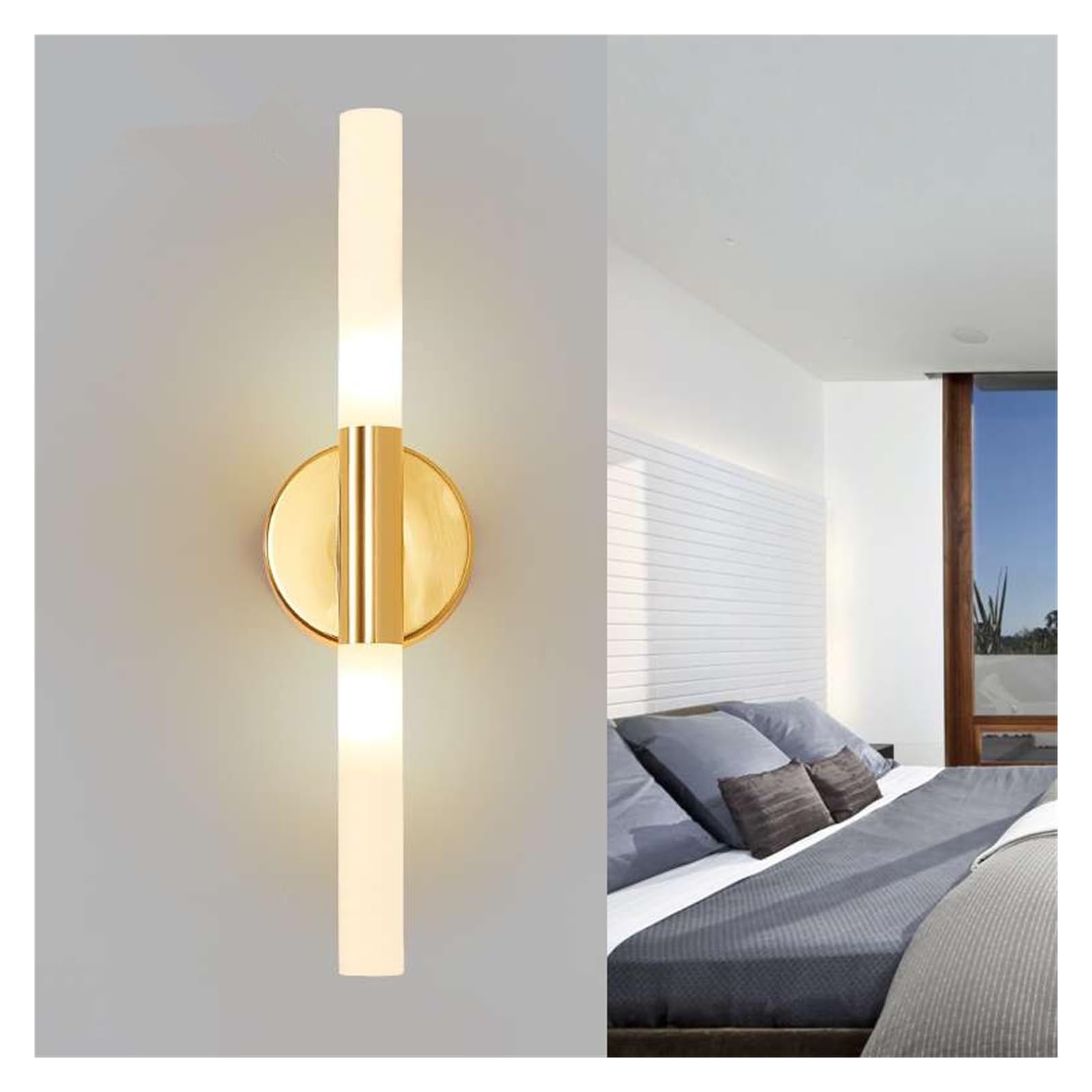 HCZKIUJY Wall lamp, Long Double Wall Sconce Gold Glass Cylinder Vanity Light Dimmable Sconces Lighting Bathroom(Cold White-Gold)