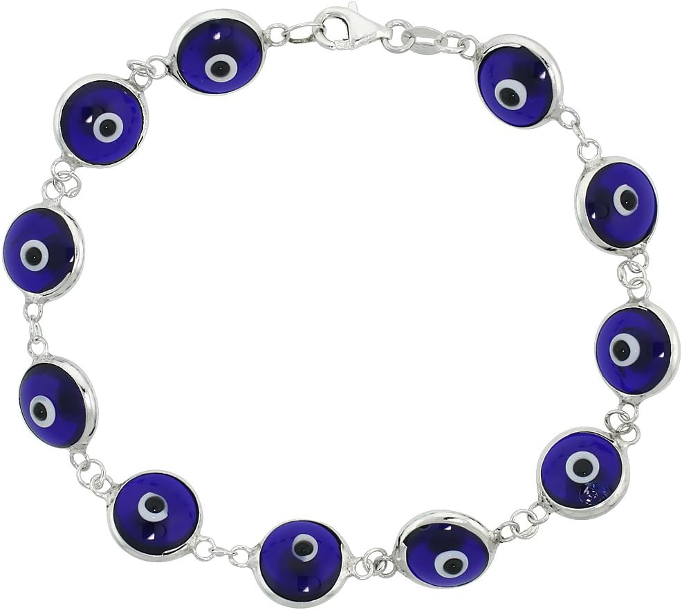 Sabrina SilverSterling Silver Evil Eye Bracelet for Women and Girls 10 mm Glass Eyes Available Assorted Colors 7-8 inch