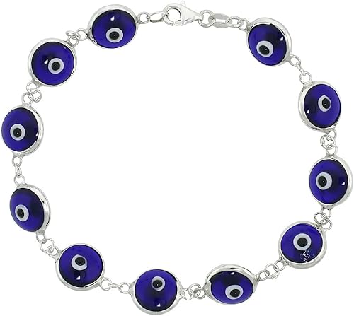 Sterling Silver Evil Eye Bracelet for Women and Girls 10 mm Glass Eyes Available Assorted Colors 7-8 inch