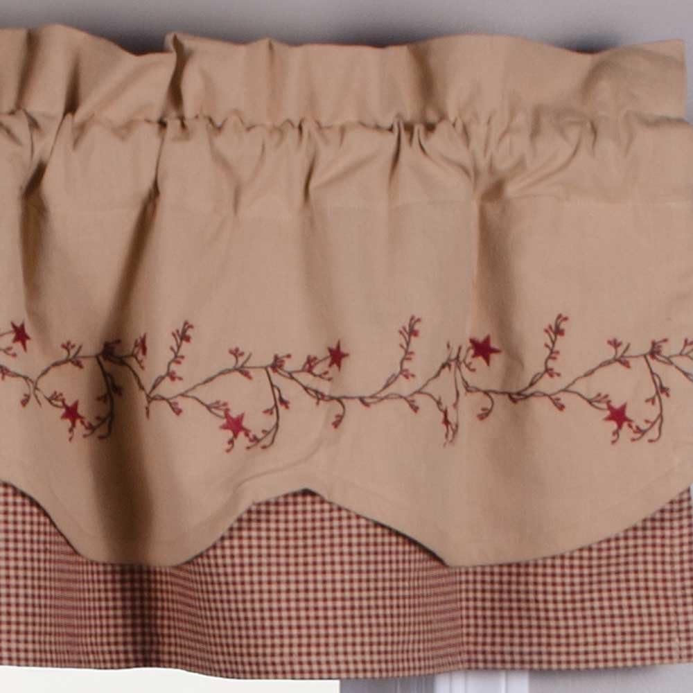 Star Berry Vine Gingham Check Fairfield Barn Red and Nutmeg 72" x 15.5" Lined Cotton Valance