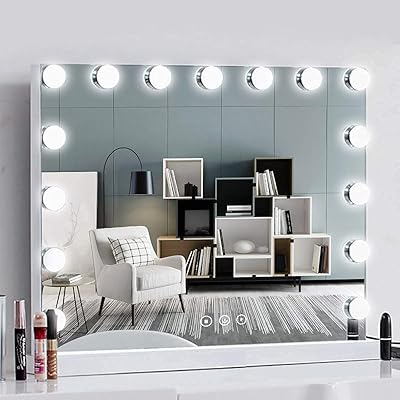 FANHHUI Vanity Mirror with Lights, Lighted Mirror with 15 Dimmable LED Bulbs for Dressing Room & Bedroom,Smart Touch Control 3 Modes Makeup Mirror with USB Port,Metal Frame HD Mirror Silver(23in)