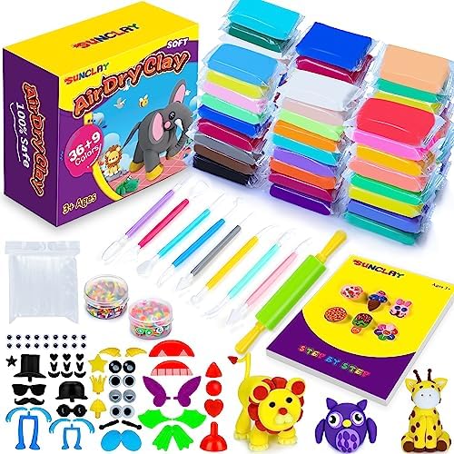 SUNCLAY Air Dry Clay for Kids – 45 Colors Modelling Clay with 80 Pages Tutorial Booklet 9 Clay Tools 5 Accessories Kids Toys Gifts Modeling Clay Kits for Kids Boys Girls Ages 3 4 5 6 7 8 9-12