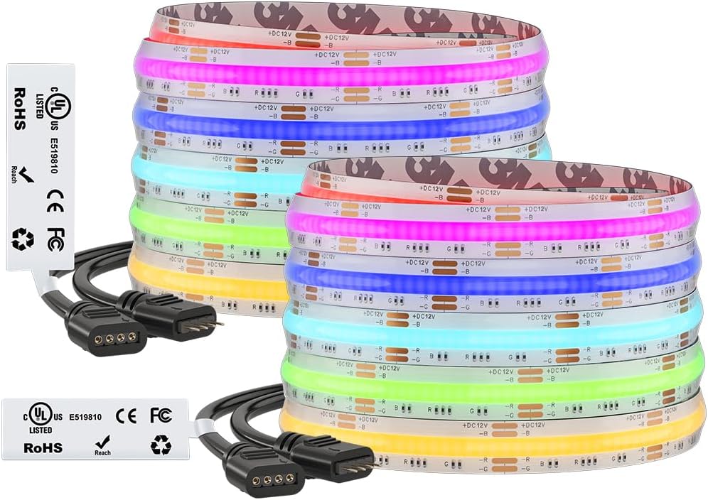 BTF-LIGHTING FCOB COB RGB LED Strip Light, UL Listed, IP66 810LEDs/m High Density Flexible Color Changing Light, DC12V 32.8FT 10mm Width for Bedroom Cabinet Home Indoor Decor(No Adapter or Controller)