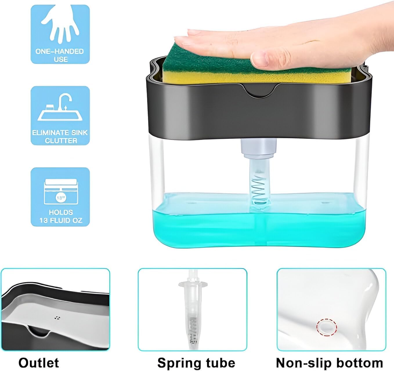 2-in-1 Soap Dispenser with Sponge Holder - Liquid Soap Pump for Bathroom & Kitchen Sink Accessories, Dishwasher Liquid Holder & Dishwashing Soap Dispenser 1