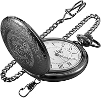 Vista 9 de Large Decorative Flower Pattern White Roman Numeral Scale Quartz Pocket Watches for Men with Chain