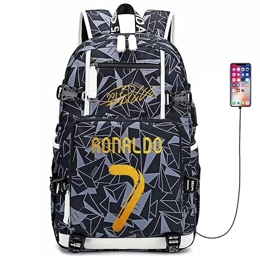 Fanwenfeng Mochila Multifuncional para Laptop do Jogador de Futebol Cristiano Ronaldo CR7 - Bolsa de Viagem e Estudo Unissex Cinza com Compartimento para Notebook