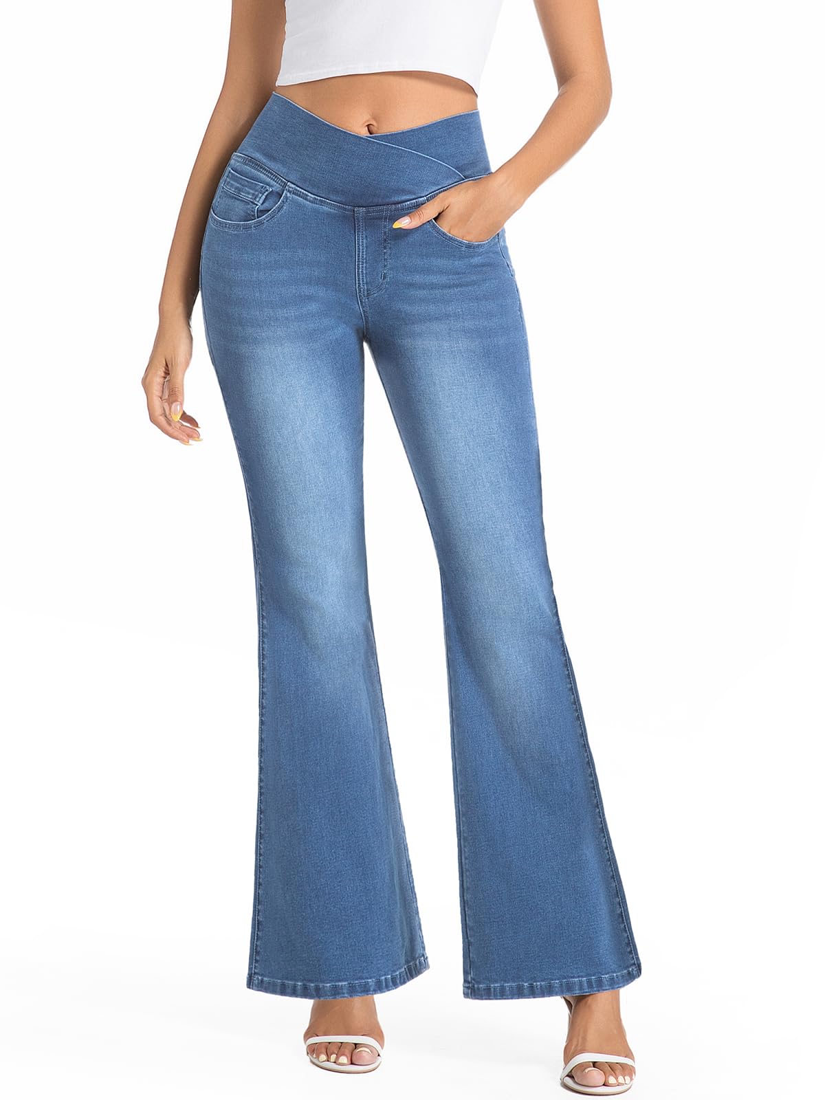 VX VONXURY Bootcut Jeans Damen mit Hoher Bund Pull on Flare Jeans Stretch Schlaghose mit und 4 Taschen Ideal für Alltag Büro