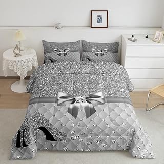 Glitter (No Glitter No Sequin) Diamond Comforter Set Pastel Grey Bedding Set for Kids Teens Girls High Heels Comforter Dreamy Duvet Set Decor 3Pcs Full Size Boys