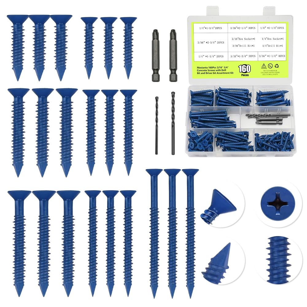 Mostantu 60Pcs Concrete Screws with Drill Bit and Driver bit Assortment Kit, Flat Head Concrete Cement Screws Anchor for Anchoring to Masonry, Block or Brick Stucco (160Pcs 1-1/4" to 2-3/4")