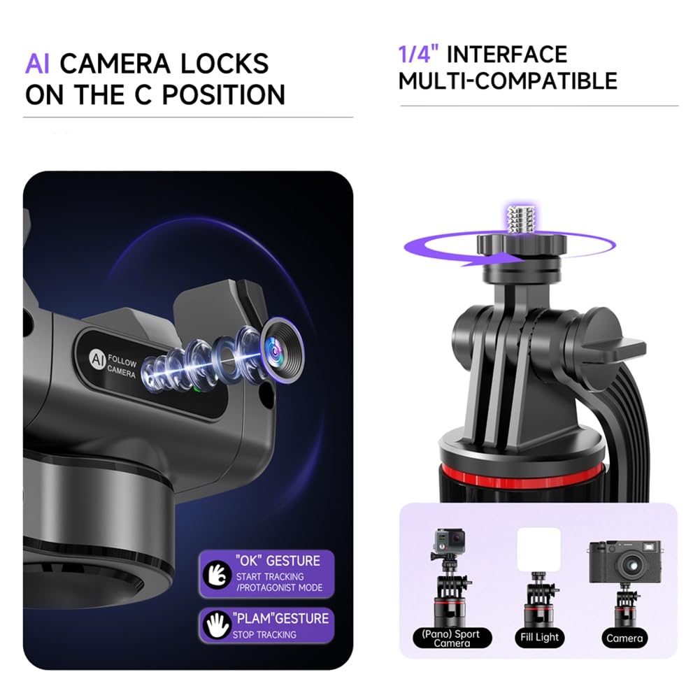 Selfie Stick Treppiede AI Face Tracking Gimbal Stabilizzatore Portatile Fotografia A 360° Magnetico per Smartphone Vite da 1/4"