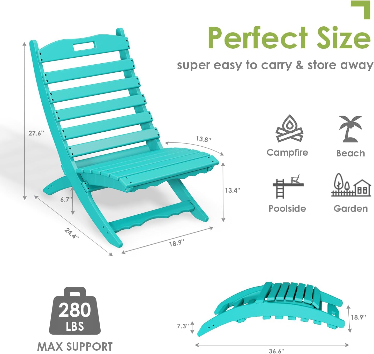 GREENVINES Folding-Xavier-Chairs Set of 2 | Wave | Portable Adirondack-Chair | HDPE Plastic | All Weather Fire-Pit Chair | Aqua | for Beach Outdoor Deck Poolside Garden Patio Porch Fishing