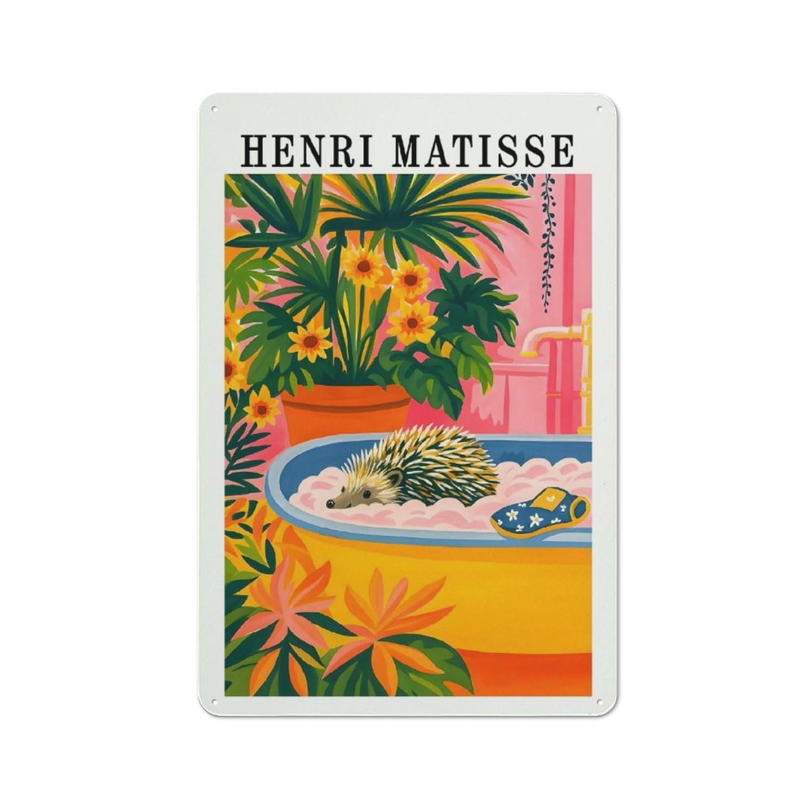 Junmoney Style-9 Tin Wall Plaque 30X20cm With Henri Matisse Style Hedgehog Bath For Bar Or Restaurant, For Hospitality Decor Collectors
