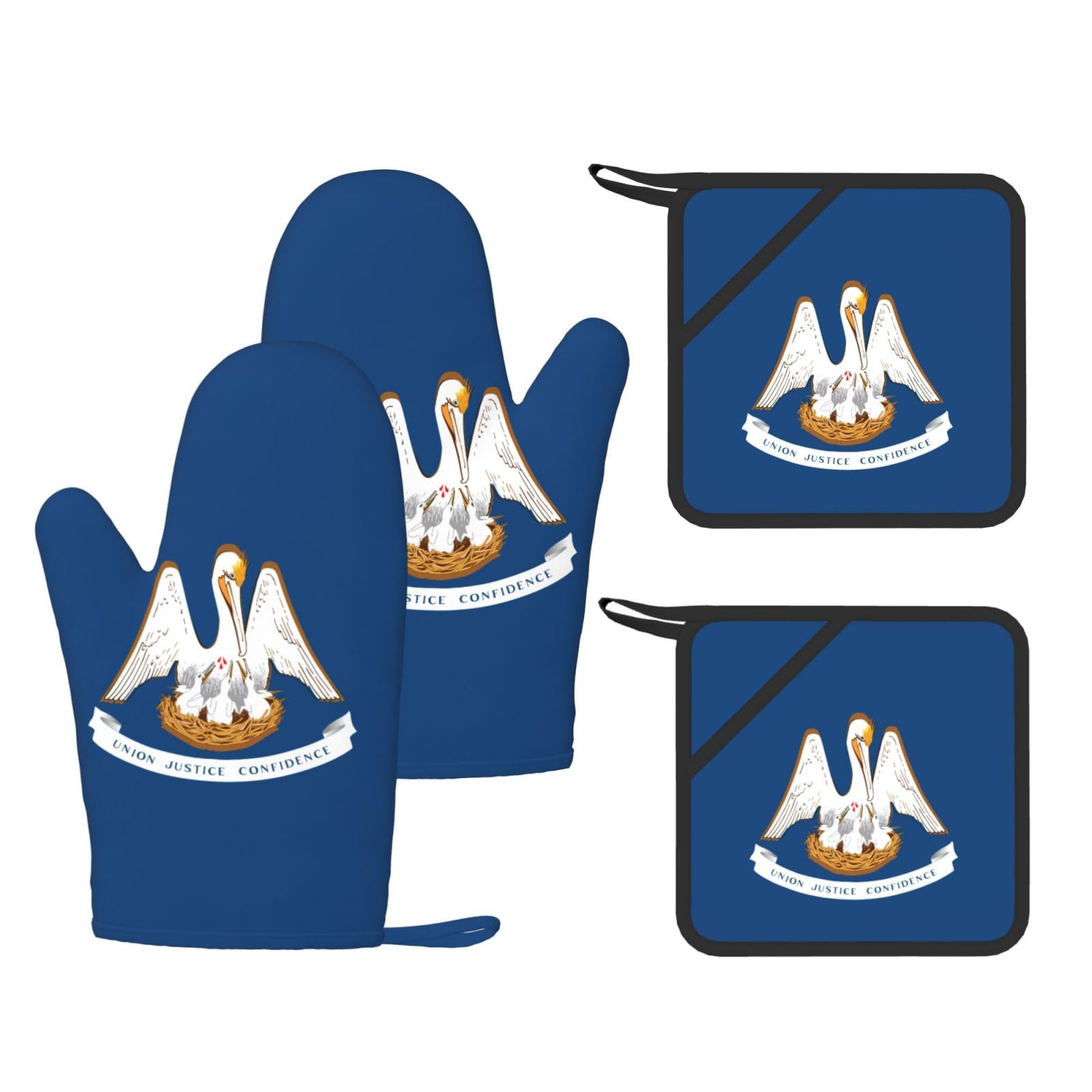 Louisiana State Flag Printed Kitchen Oven Gloves and Potholder 4 Pcs, Non-Slip Heat Resistant Mitts for Baking Chef