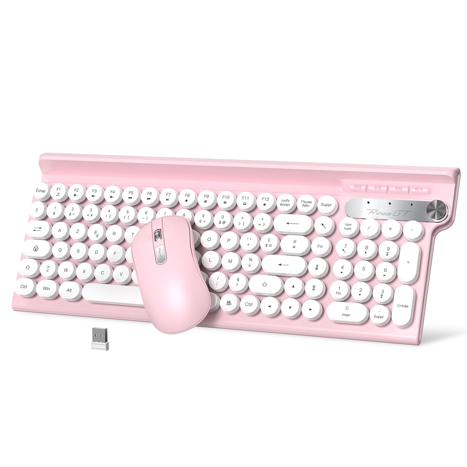 RaceGT Clavier Souris sans Fil 2.4GHz USB-A, Silencieux, Ergonomique | Clavier sans Fil AZERTY Français, 12 Raccourcis, 1600 DPI, Portable, pour PC/Laptop/Windows/MacOS, Bureau-Rosa
