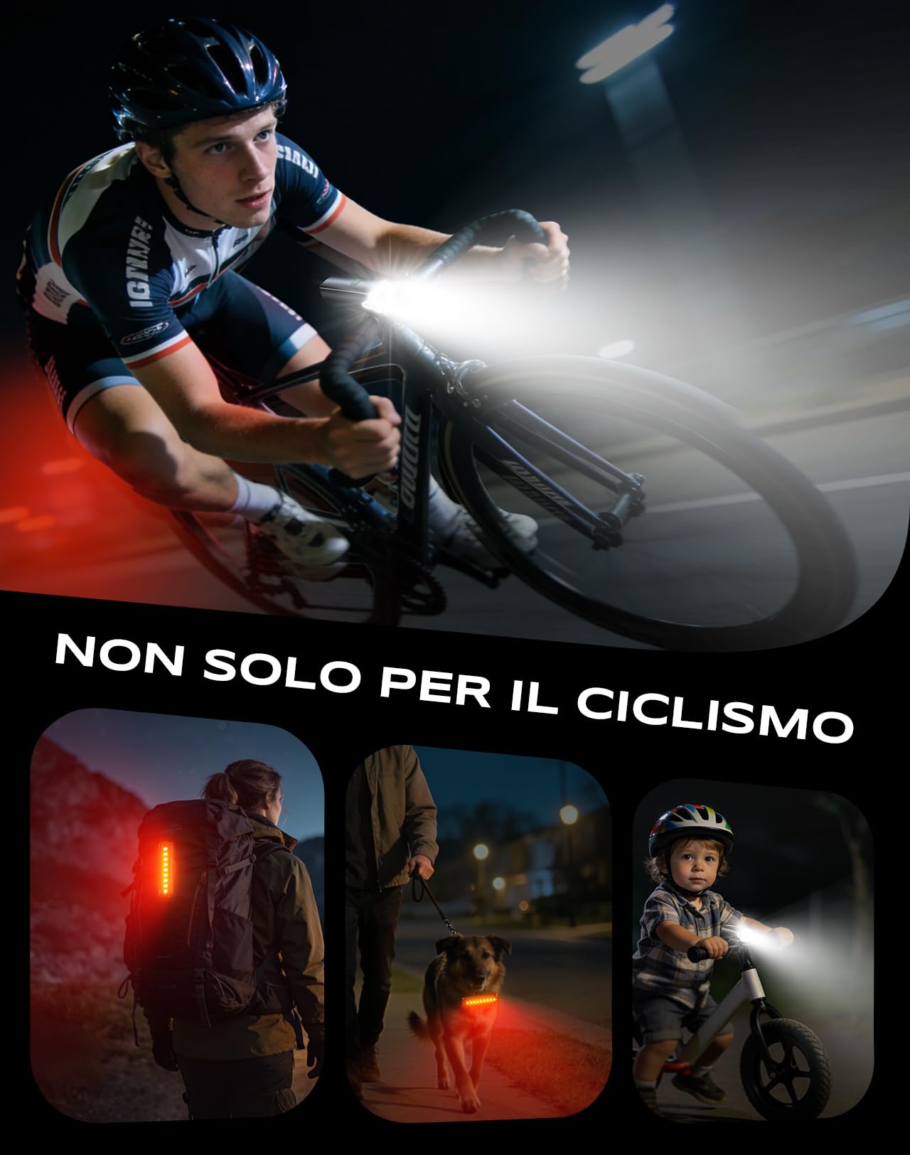 CIRYCASE Luci Bicicletta LED 1200 Lumen, 2600mAh Luce Bici Ricaricabile USB Lunga Durata, 3+5 Modalità Luce Set Anteriore Posteriore Ciclismo Montagna, IP65 Impermeabile Auto Luci Avviso Emergenza
