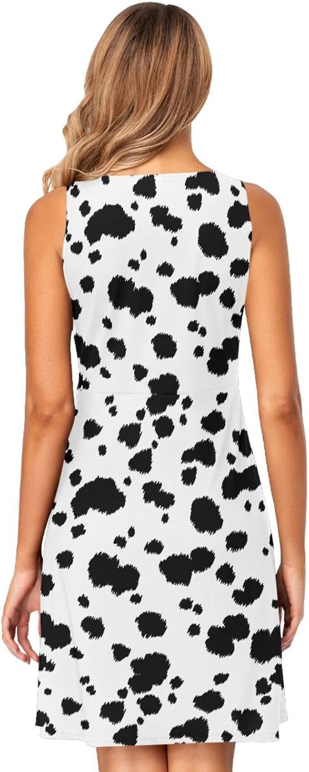 ALAZA Summer Dress Dalmatian Dog Spot Print Animal Sun Dresses Sleeveless w/Pockets