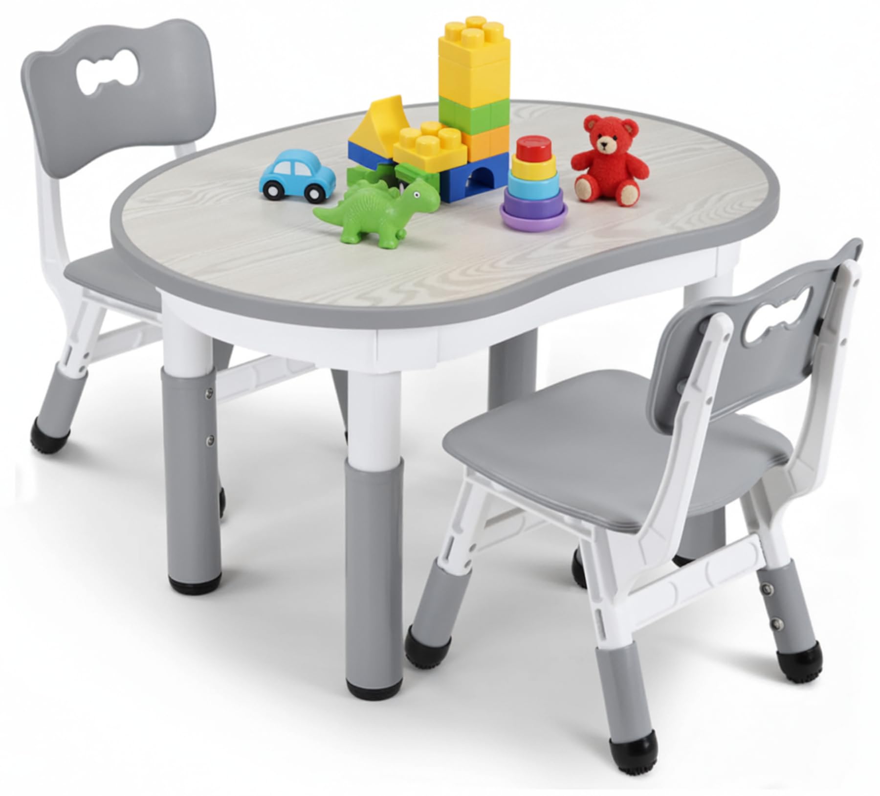 Kindertisch mit 2PCS Stühlen, Packung mit 2 Stühlen, Kindersitzgruppe Höhenverstellbar,Plastik Kinder Tisch Stuhl Set, Erdnussform, Maltisch,Kinder Schreibtisch für Kindertagesstätte/Kindergarten,Grau