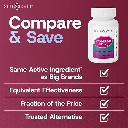 Miniatura 10 de GeriCare Tabletas de vitamina B-12 de 500 mcg  Apoya niveles de energía saludables, función cerebral y salud circulatoria  Suplemento de confianza