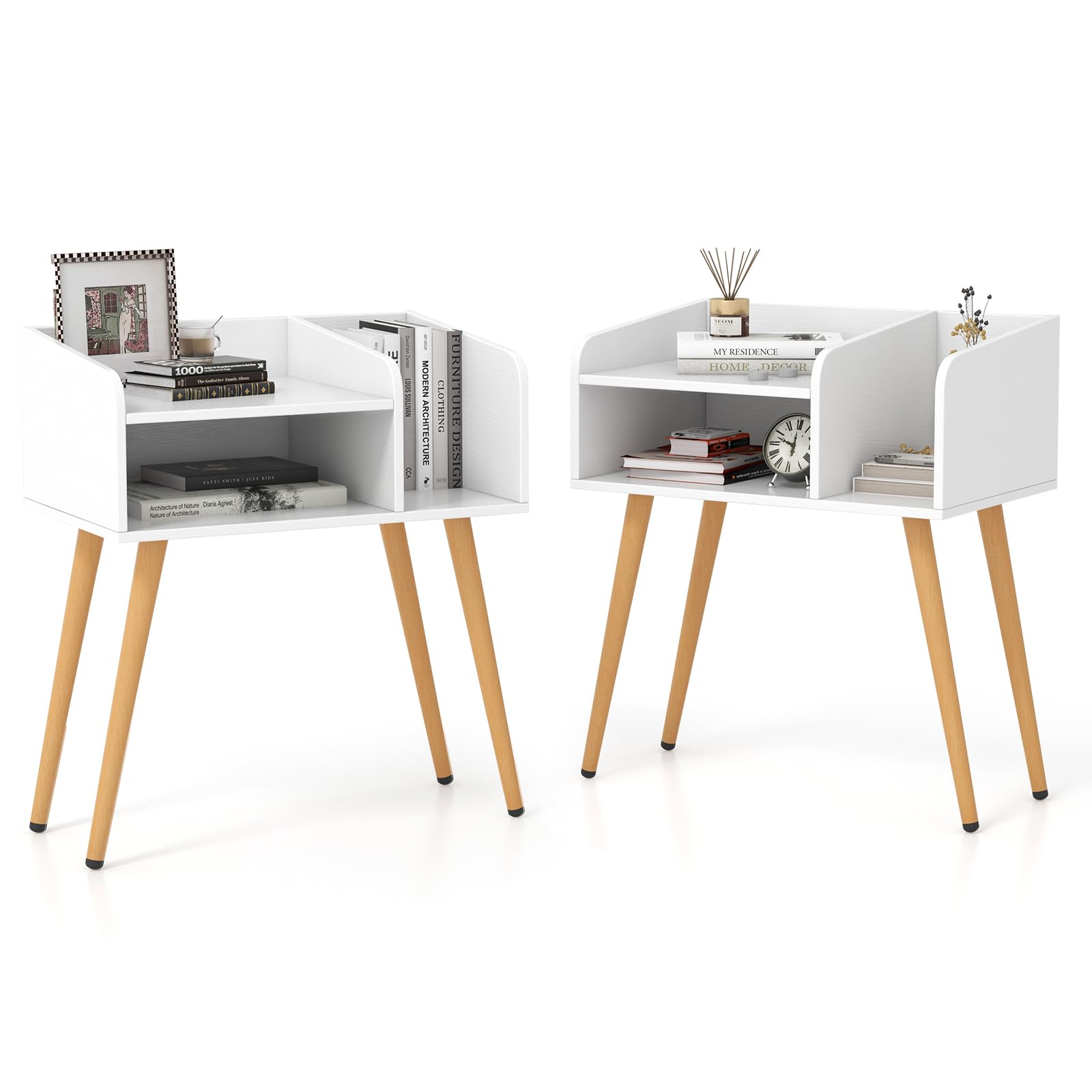 COSTWAY Bedside Table, Wooden Nightstand Sofa Side Table with Open Storage Shelves, Metal Legs Bedside Cabinet Accent Coffee Tea End Table for Living Room Bedroom, 50x32x58cm (2, White+Natural)