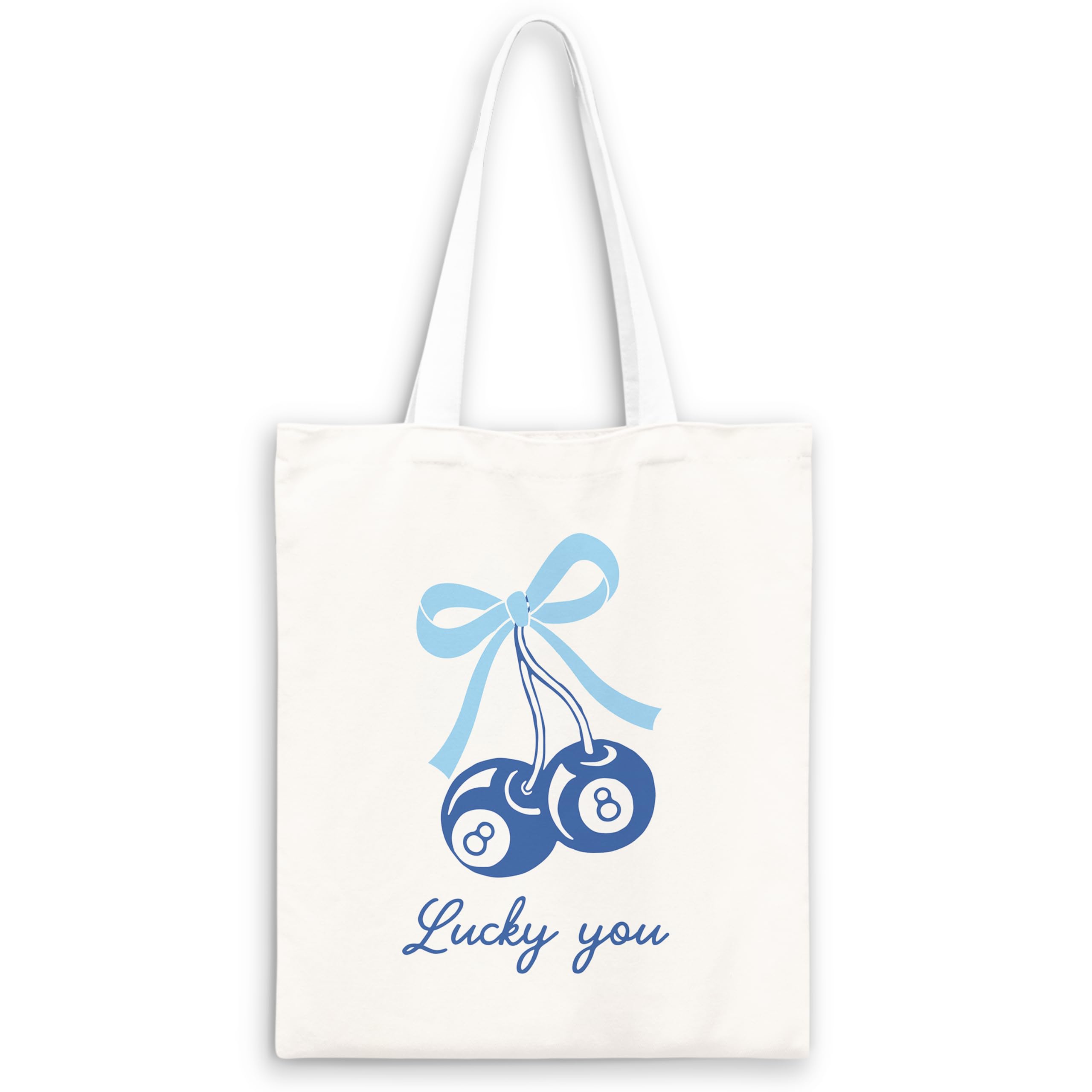 JWVK Coquette Blue Bow Tote Bag,Preppy Lucky You Cherry Canvas Tote Bag,Trendy Gifts for Women,Reusable Grocery Shopping Bags