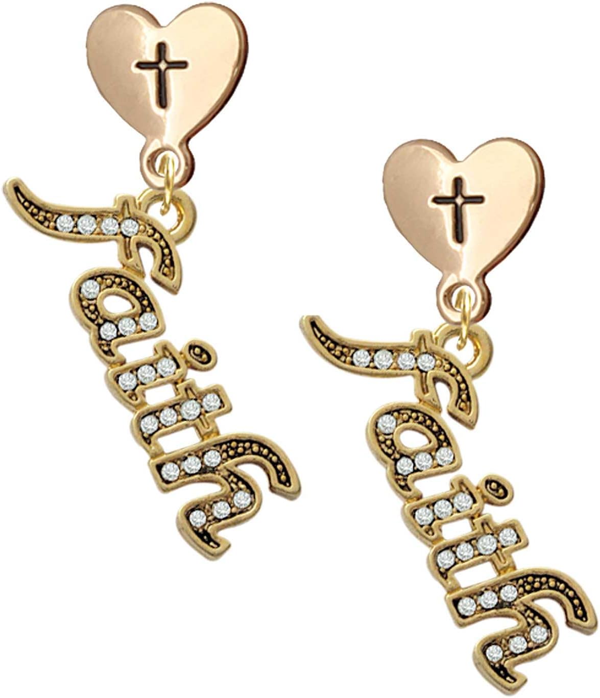 Delight Jewelry Crystal Script ''Faith'' Plated Cross in Heart Post Dangle Earrings