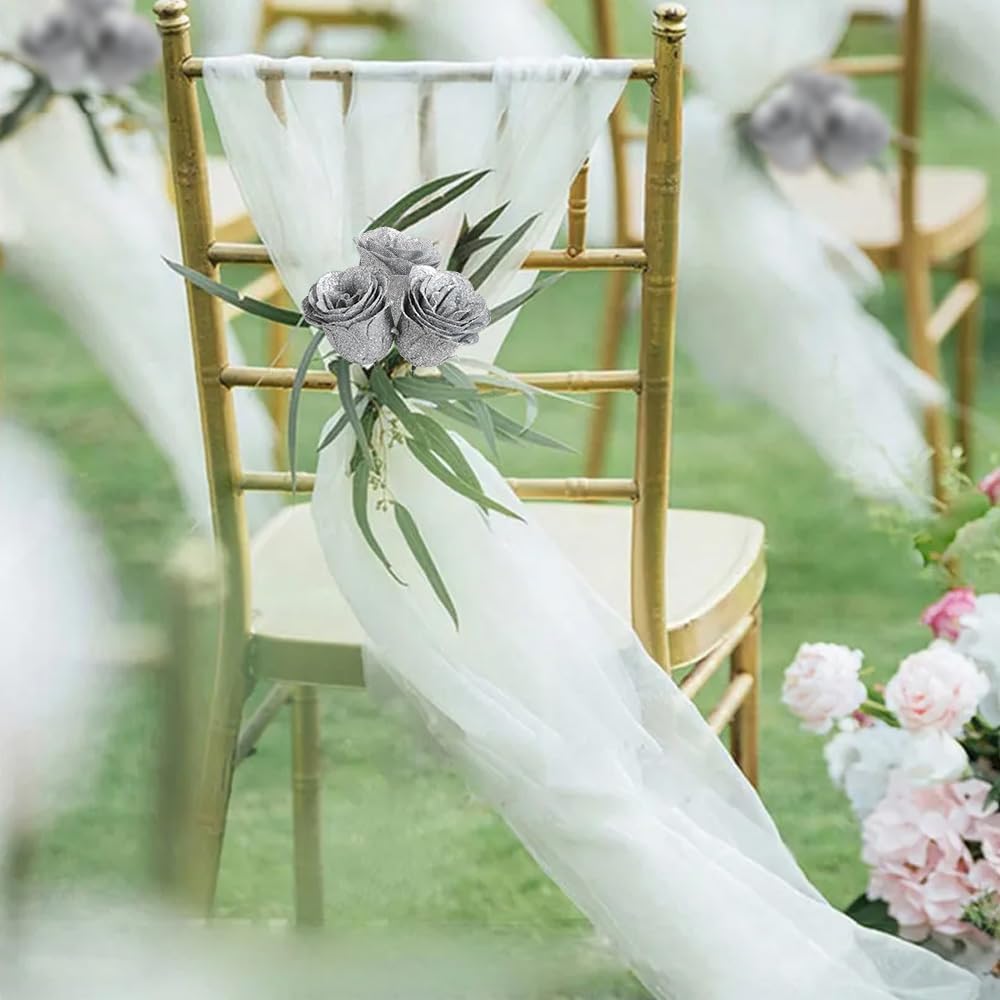 Silver Roses,30pcs Glitter Roses Flowers Artificial Roses with Stems for Crafts Wedding Bouquet Party Home Decor(Silver) - Image 3