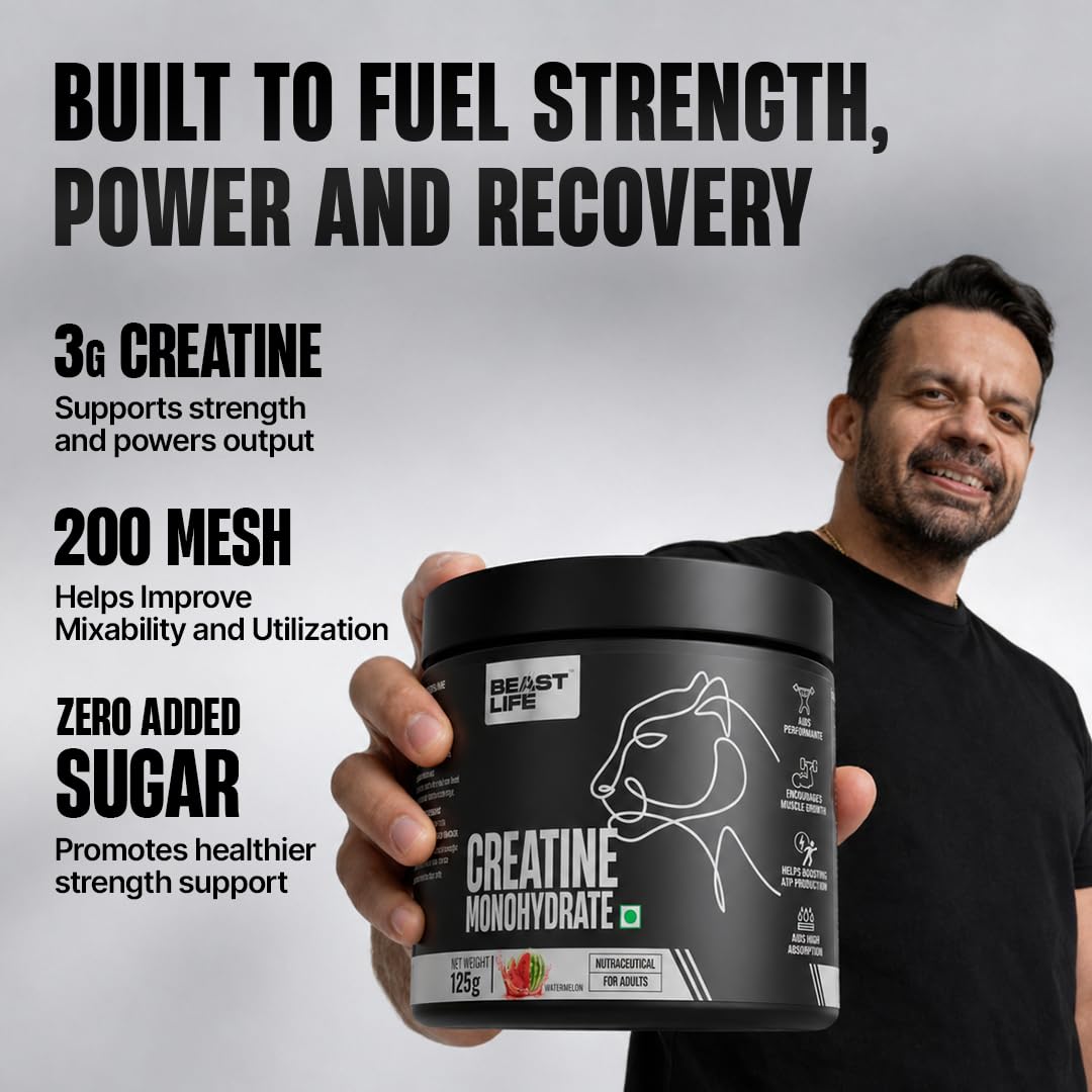 BeastLife Micronised Creatine Monohydrate Powder Watermelon 125g | 33 Servings | NABL Lab Tested | Rapid Absorption for Muscle Strength & Athletic Performance — Amazon image 3