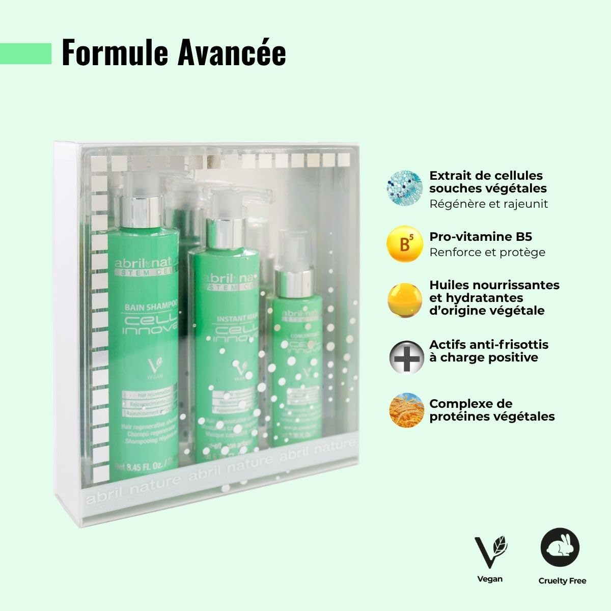 abril et nature - Set de Soins Capillaires Professionnels Régénérants - Cell Innove - Pack Shampooing, Masque et Sérum pour Cheveux - Avec Cellules Souches Végétales - Régénère et Rajeunit - 550 ml