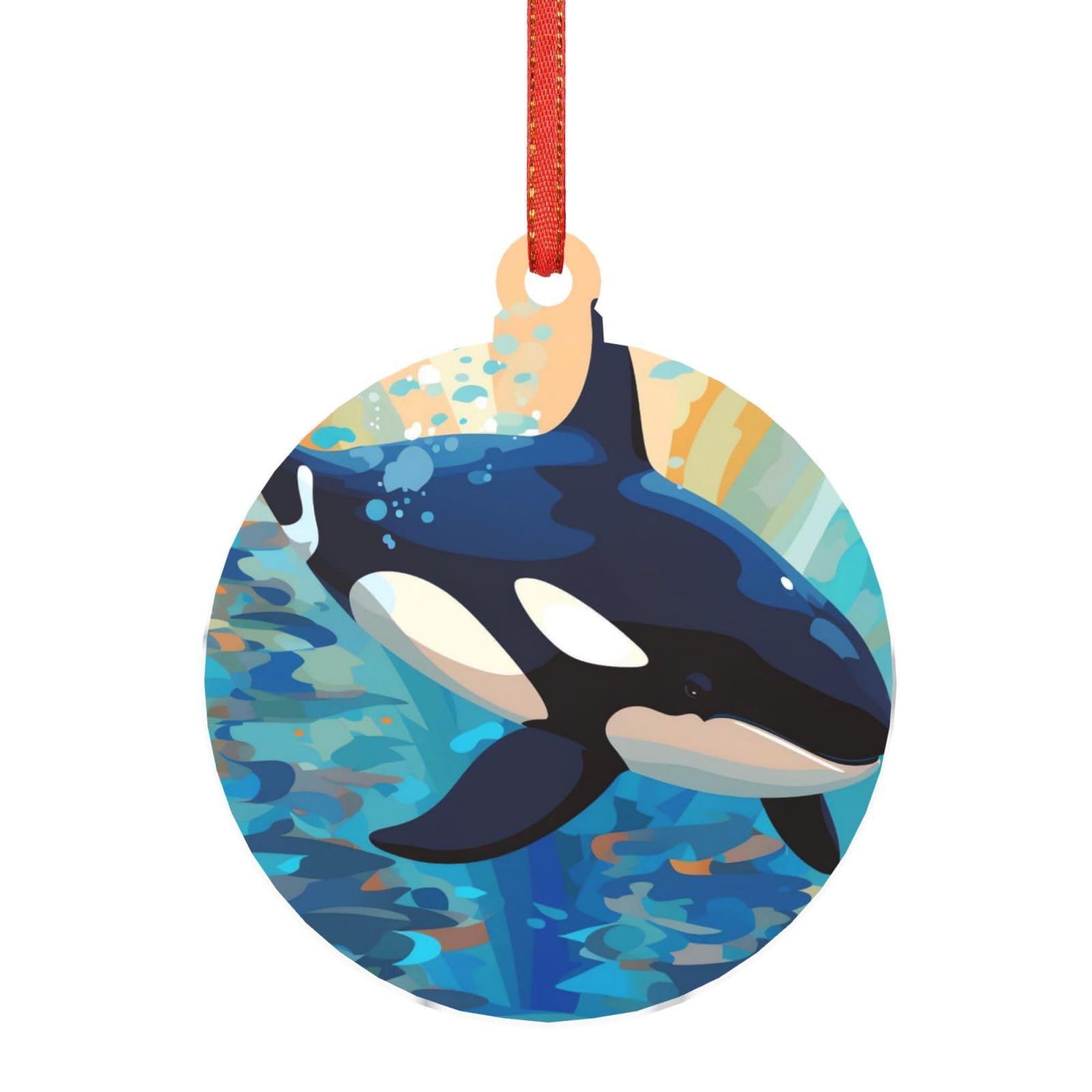 Acrylic Ornament Christmas Tree Decoration Clear Round Pendant with Red Ribbon Hand Drawn Whale Christmas Ornaments Indoor Outdoor Hanging Acrylic Pendants for Xmas Party Decor