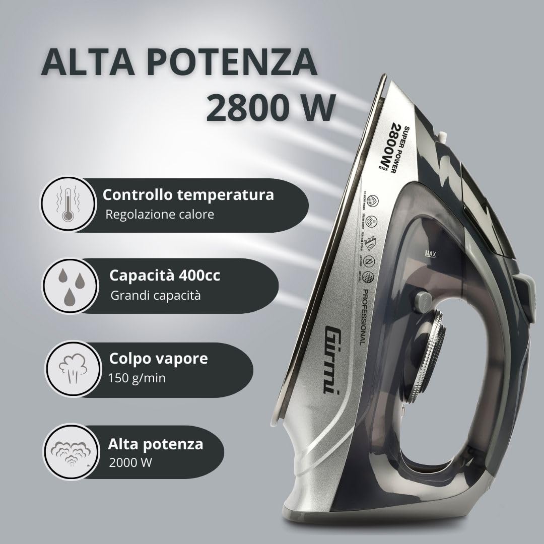 Girmi ST63 Ferro da Stiro a Vapore; 2800 Watt, Regolazione Temperatura, Colpo Vapore 150 g/min, Funzione Anti-Calcare, 400cc, 91 Microfori in piastra INOX, Grigio