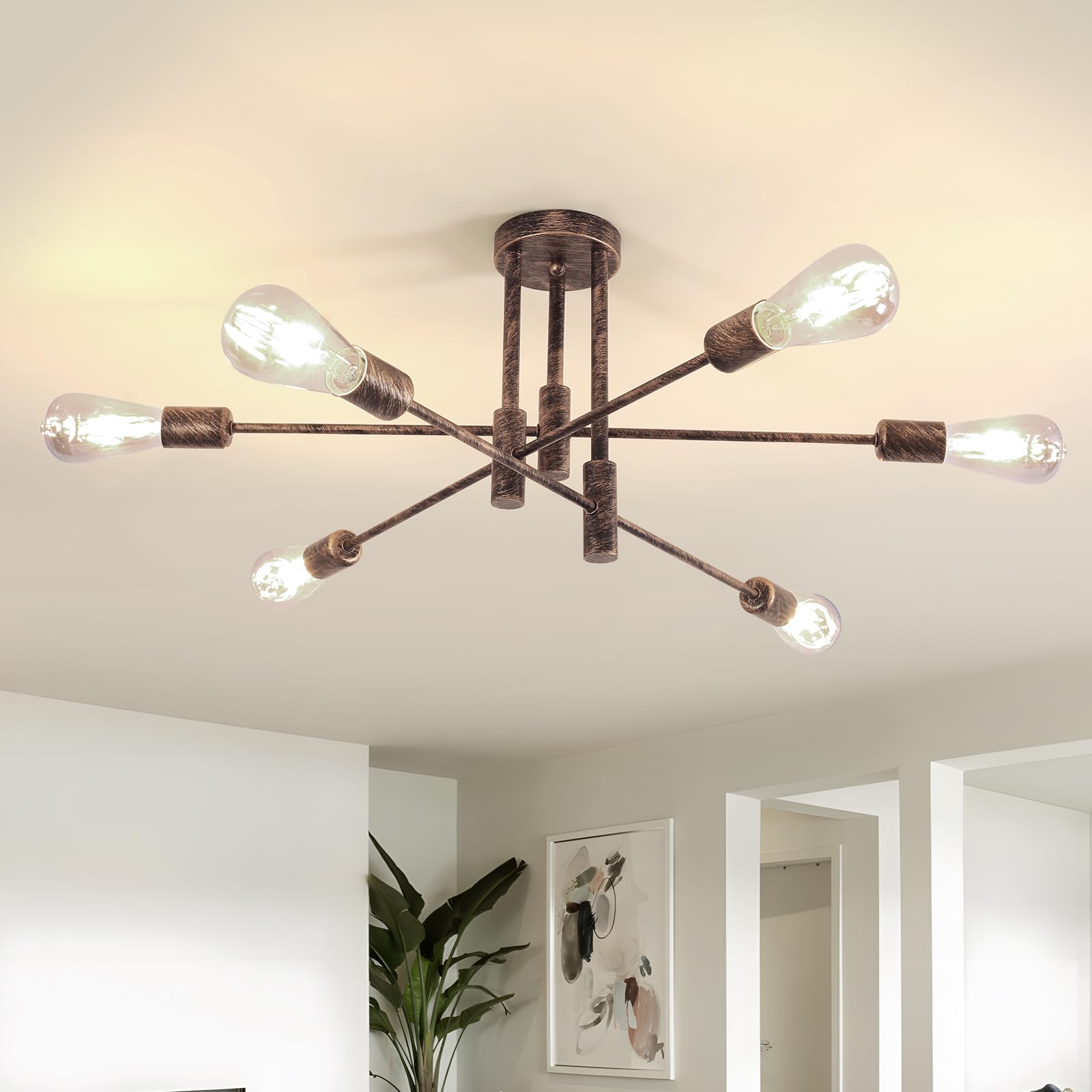Comely Vintage Sputnik Chandelier Ceiling Light, 6 Lights Semi Flush Mount Ceiling Lamp